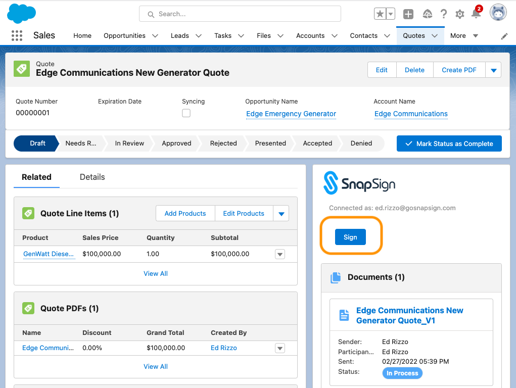 Electronically sign documents right from within Salesforce using SnapSign's embedded Sign button